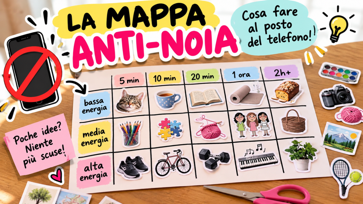 La mappa anti-noia fai da te: un gioco per riscoprire il piacere di fare (al posto di scrollare) 1 La mappa anti-noia fai da te: un gioco per riscoprire il piacere di fare (al posto di scrollare)